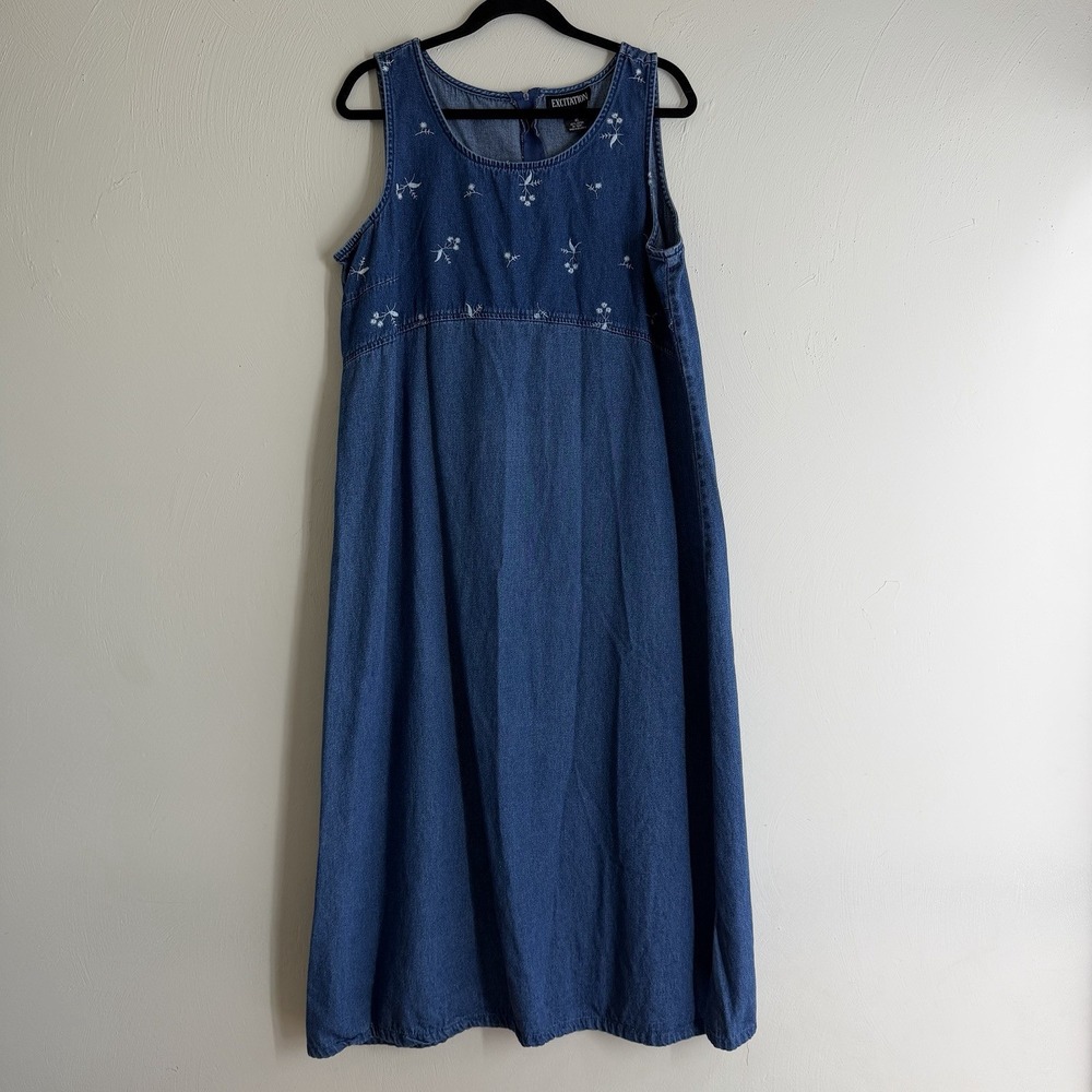 Vintage Excitation womens XL sleeveless maxi denim dress embroidered cottage 90s